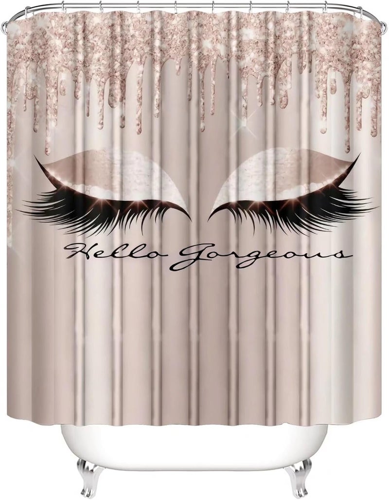 AZHM 4PCS Pretty Eyelash Shower Curtain Set Hello Gorgeous Bathroom Decor Set Pink Rose Gold Bathroom Curtains Shower Set with Shower Curtain and Rugs and Accessories - Image 4